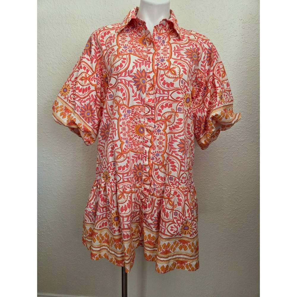 OLIVACEOUS Floral Print Shirt‎ Dress Drop Waist Orange Pink Purple Size M